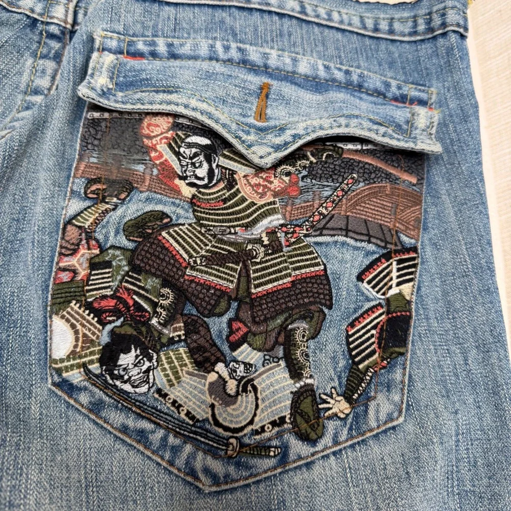 Y2K Vintage True Religion Joey Samurai Graphic Jeans Blue Distressed Mens 40x30